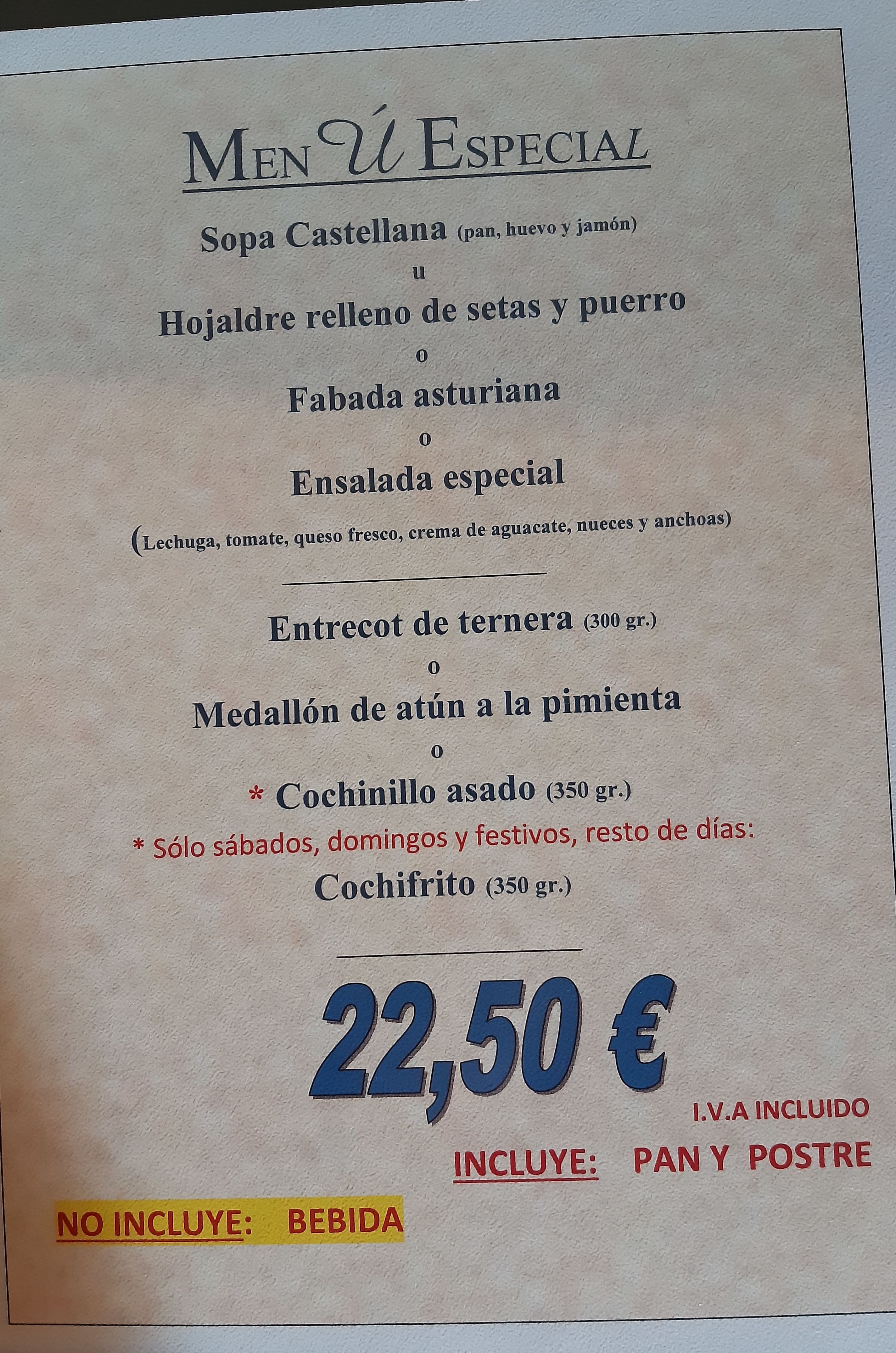 Menú Especial (no incluye bebida): Carta de La Fanega de Roque - Comedor Solariego Menú Especial (no incluye bebida): Carta de La Fanega de Roque - Comedor Solariego