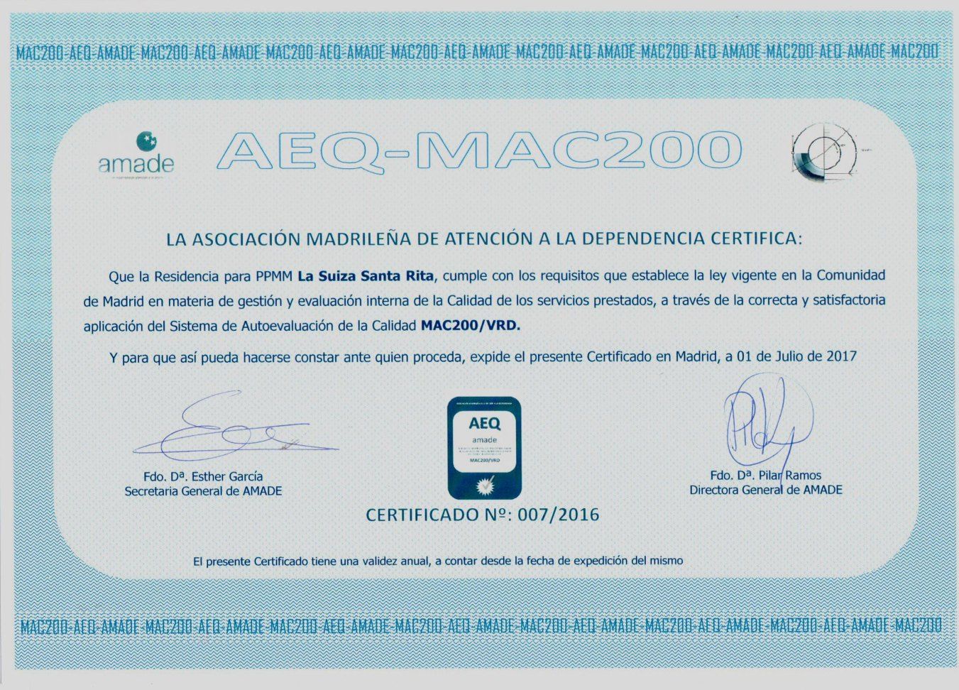 Certificado: Nuestra residencia de Residencia para la tercera edad La Suiza Santa Rita Certificado: Nuestra residencia de Residencia para la tercera edad La Suiza Santa Rita