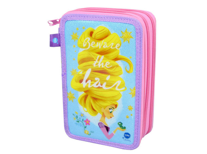 Estuche  pinturas Rapunzel. Triple cremallera