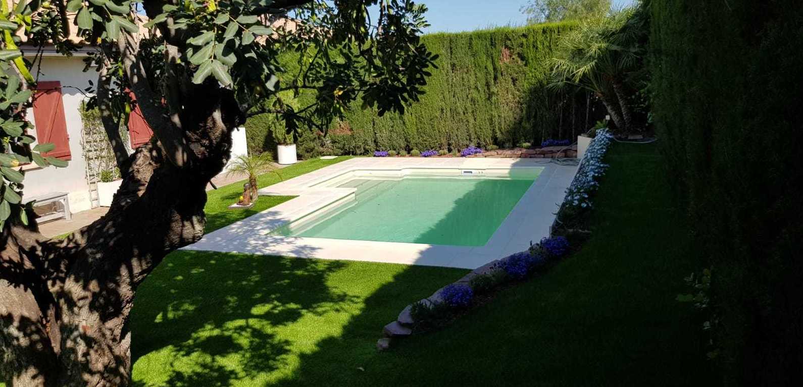Proyecto integral paisajismo, diseño, piscina, césped artificial, plantas, luz, riego y además en jardín particular en Valencia