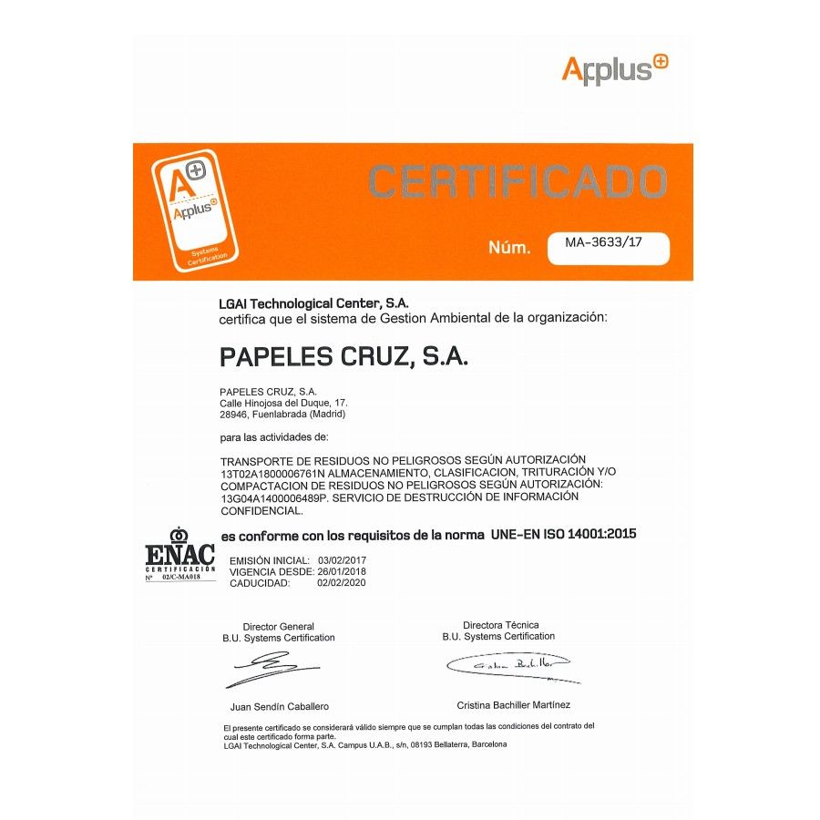 Certificaciones: Servicios de Papeles Cruz, S.A. Certificaciones: Servicios de Papeles Cruz, S.A.