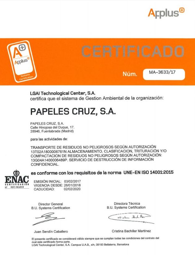 Certificaciones: Servicios de Papeles Cruz, S.A. Certificaciones: Servicios de Papeles Cruz, S.A.