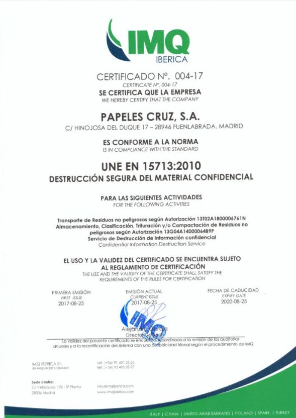 Certificación destrucción material confidencial Certificación destrucción material confidencial