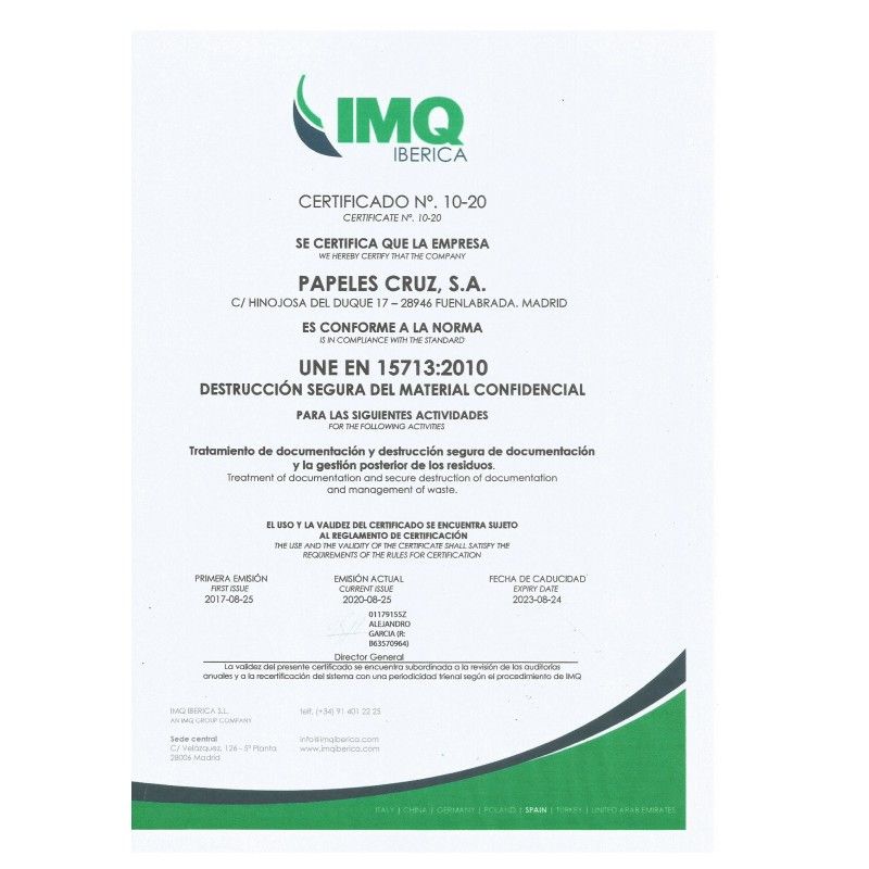 Certificaciones: Servicios de Papeles Cruz, S.A. Certificaciones: Servicios de Papeles Cruz, S.A.