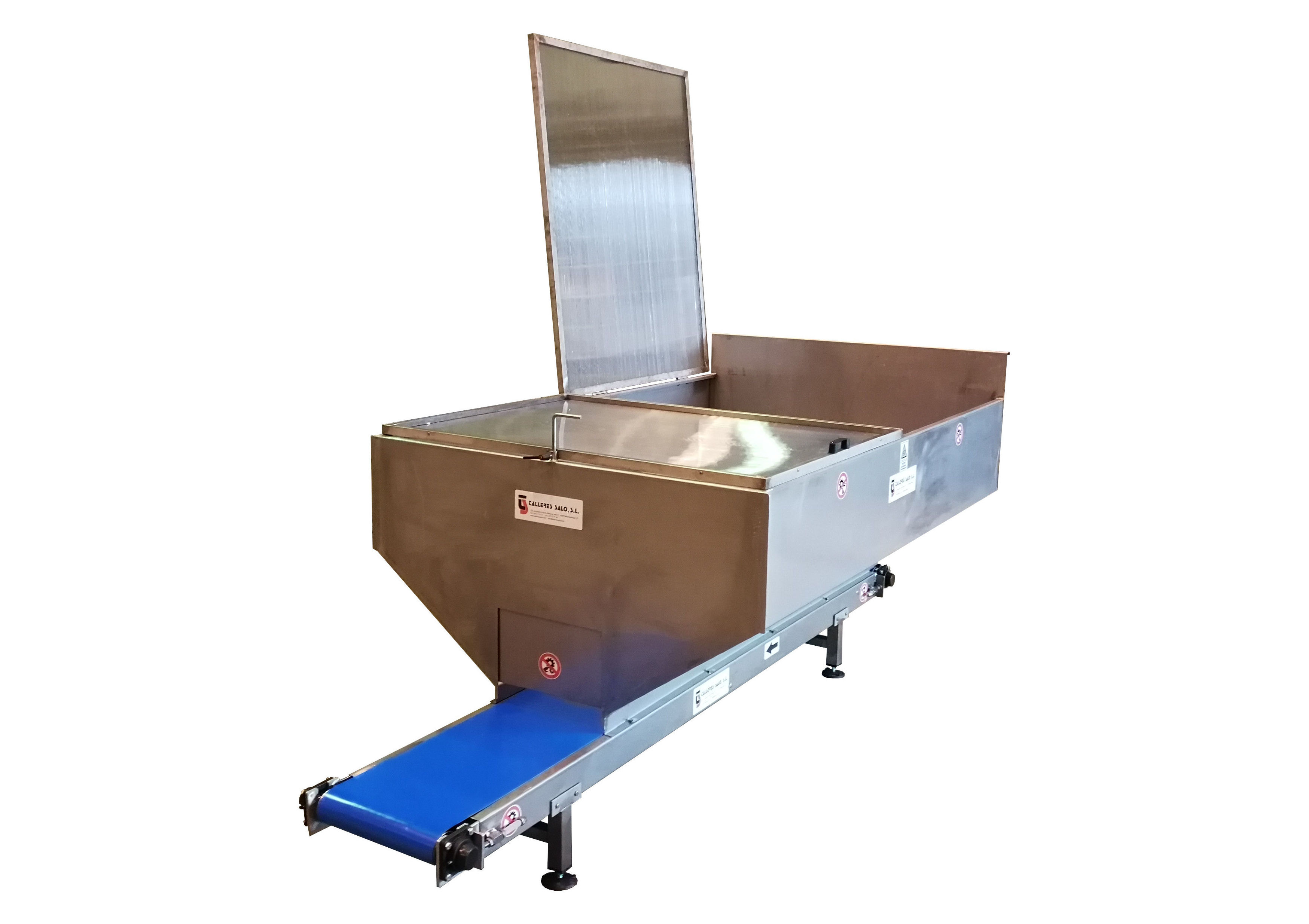 Cinta Transportadora Inox PVC Alimentario BLUE con Tolva Contenedor Cinta Transportadora Inox PVC Alimentario BLUE con Tolva Contenedor