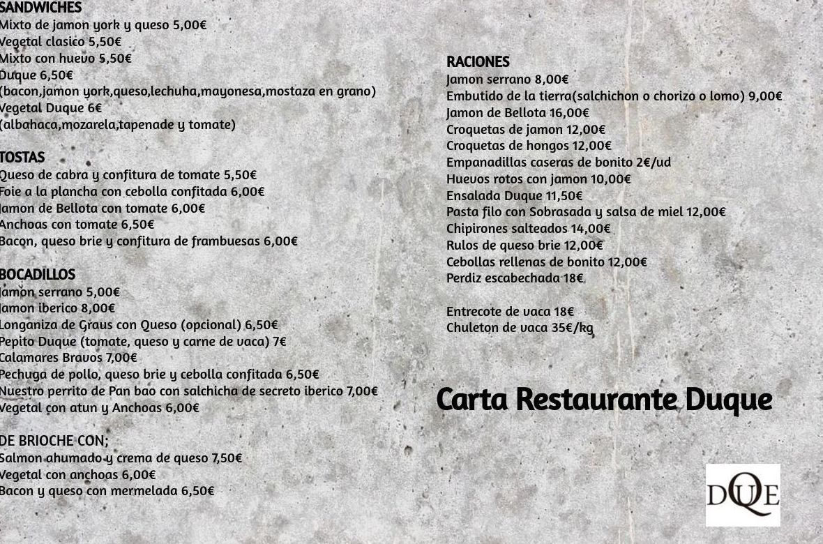 Carta restaurante: Carta de Restaurante Duque Carta restaurante: Carta de Restaurante Duque
