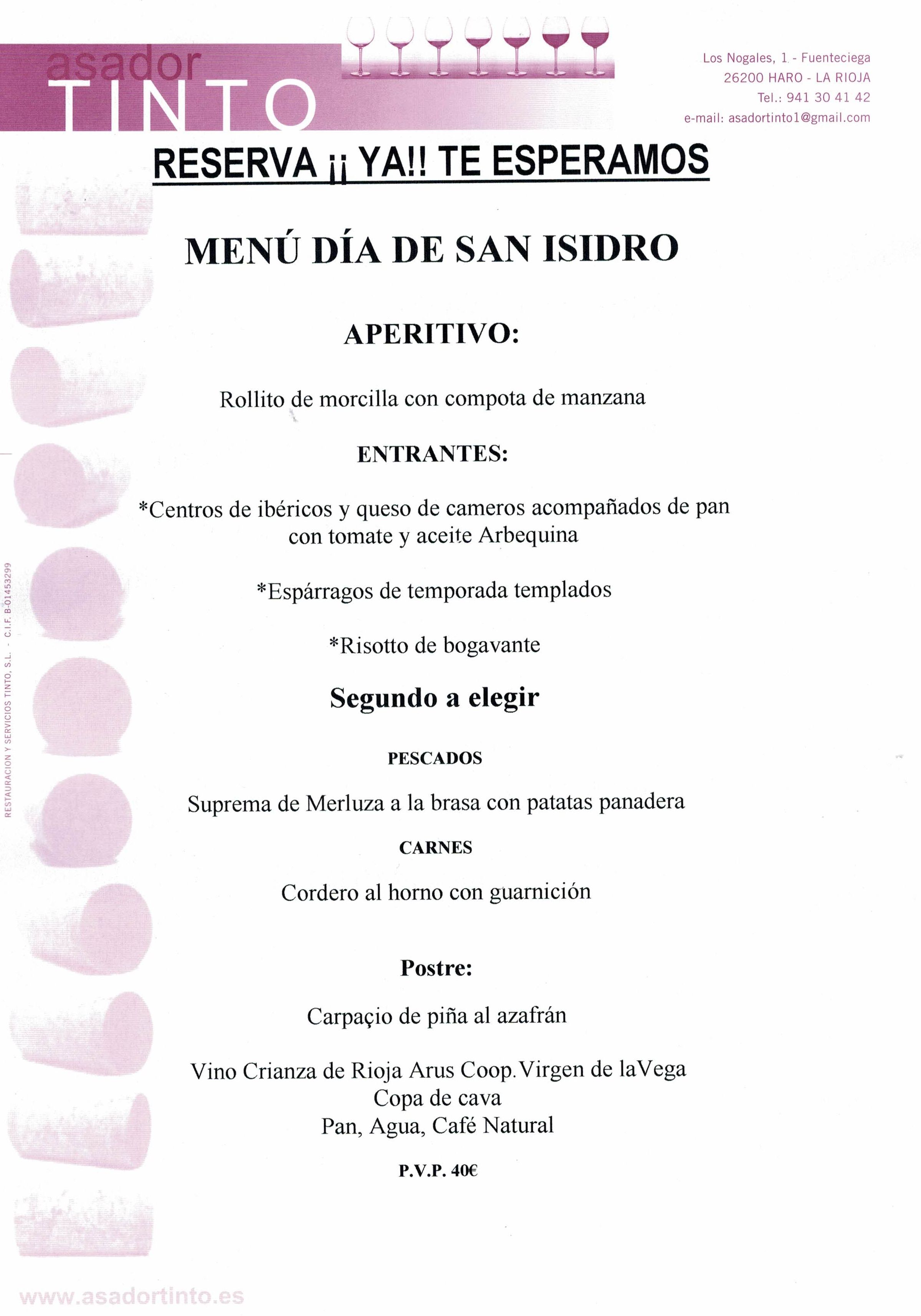 MENÚ DÍA DE SAN ISIDRO: Carta de Asador Tinto MENÚ DÍA DE SAN ISIDRO: Carta de Asador Tinto