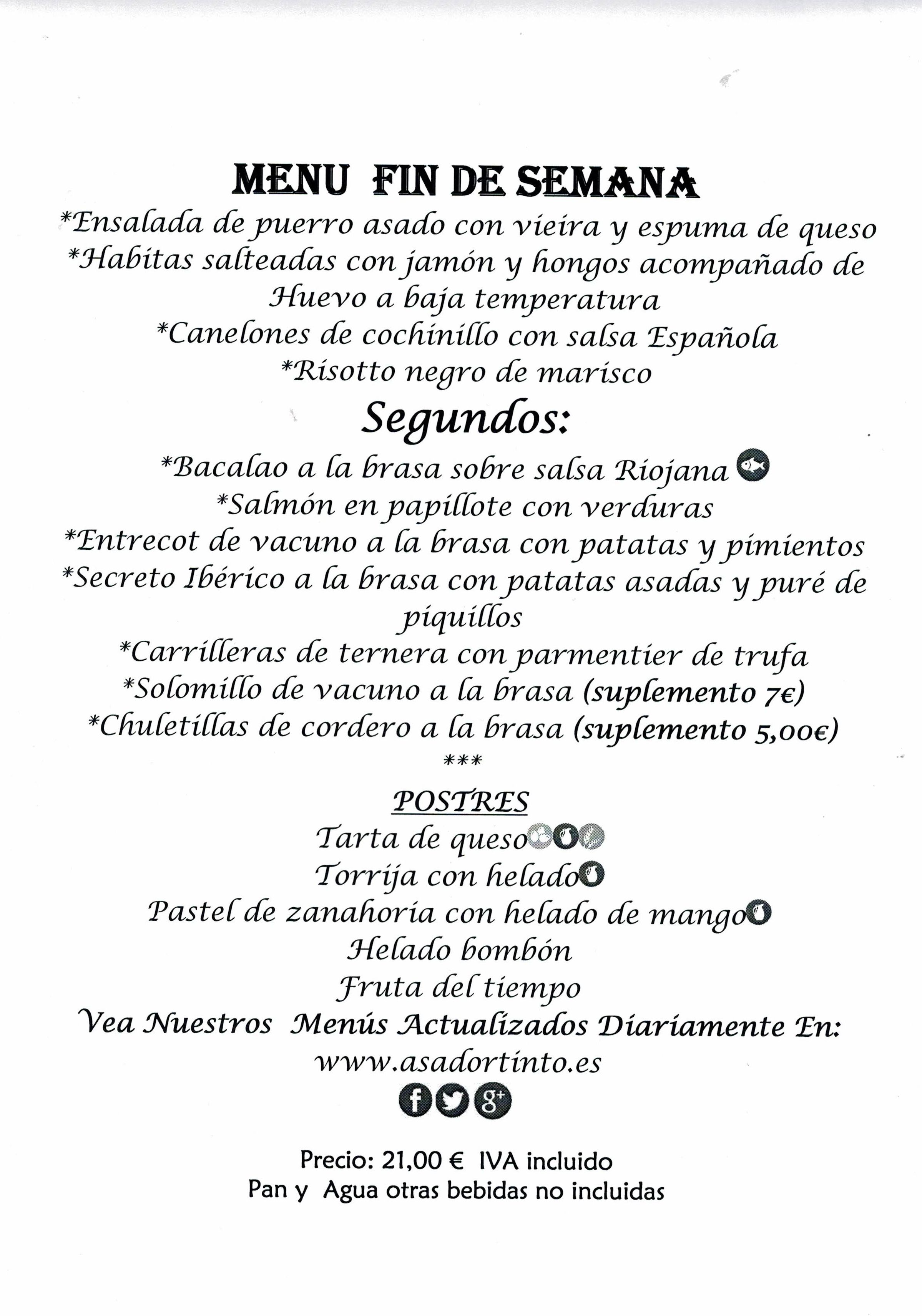 Menú fin de semana: Carta de Asador Tinto Menú fin de semana: Carta de Asador Tinto
