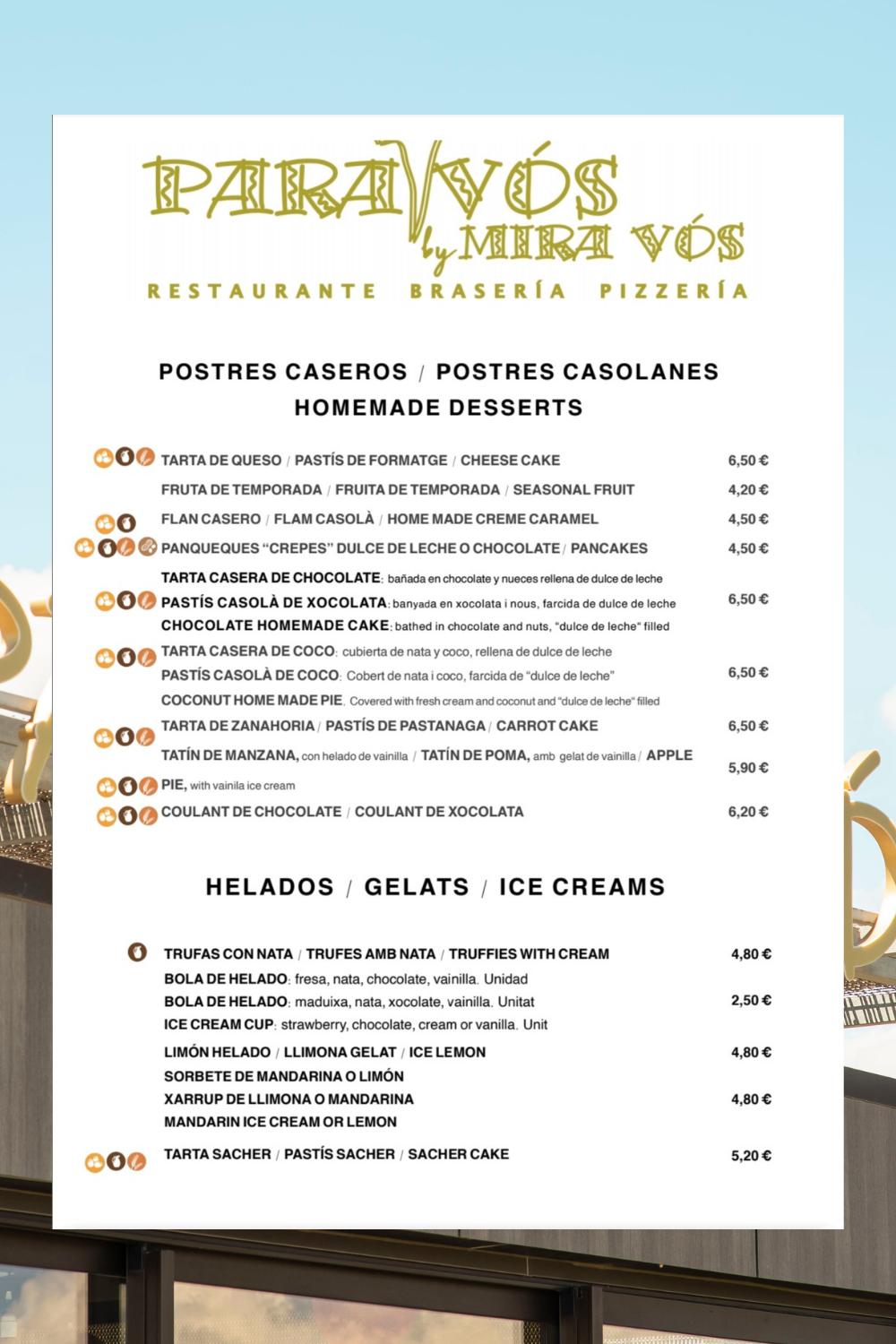 Carta de postres: Nuestros platos de Restaurante Para Vós Carta de postres: Nuestros platos de Restaurante Para Vós