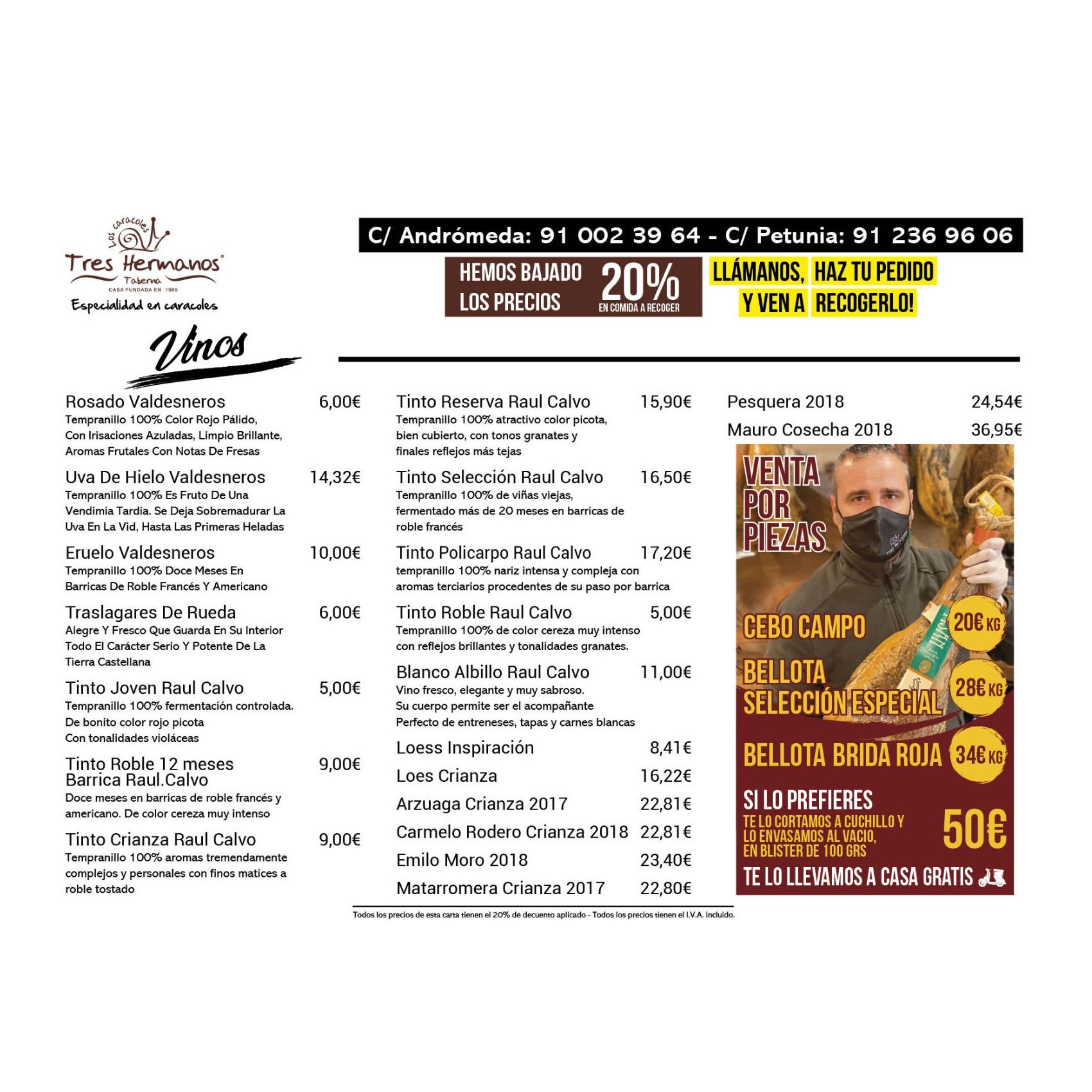 Pedidos para recoger en local: Carta de Taberna Tres Hermanos Pedidos para recoger en local: Carta de Taberna Tres Hermanos