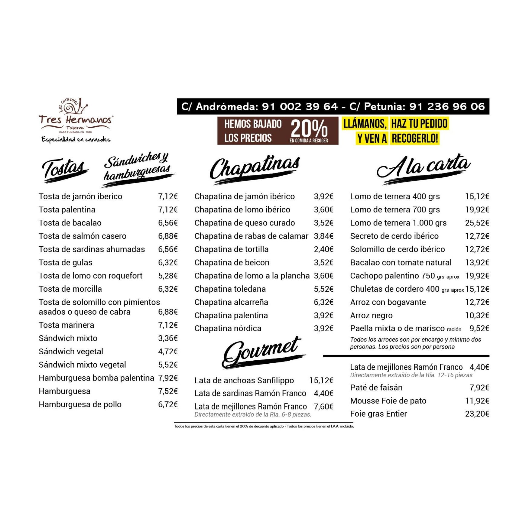 Pedidos para recoger en local: Carta de Taberna Tres Hermanos Pedidos para recoger en local: Carta de Taberna Tres Hermanos