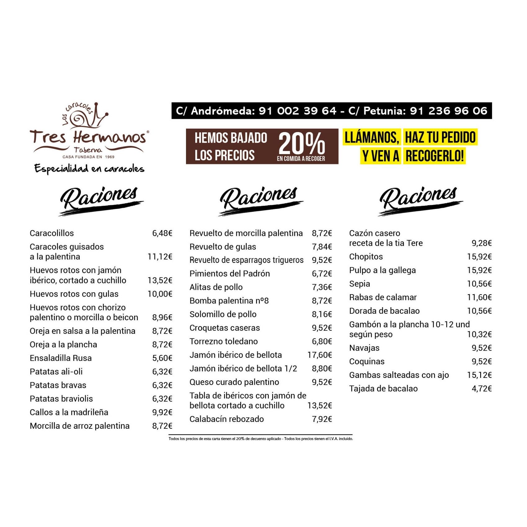 Pedidos para recoger en local: Carta de Taberna Tres Hermanos Pedidos para recoger en local: Carta de Taberna Tres Hermanos