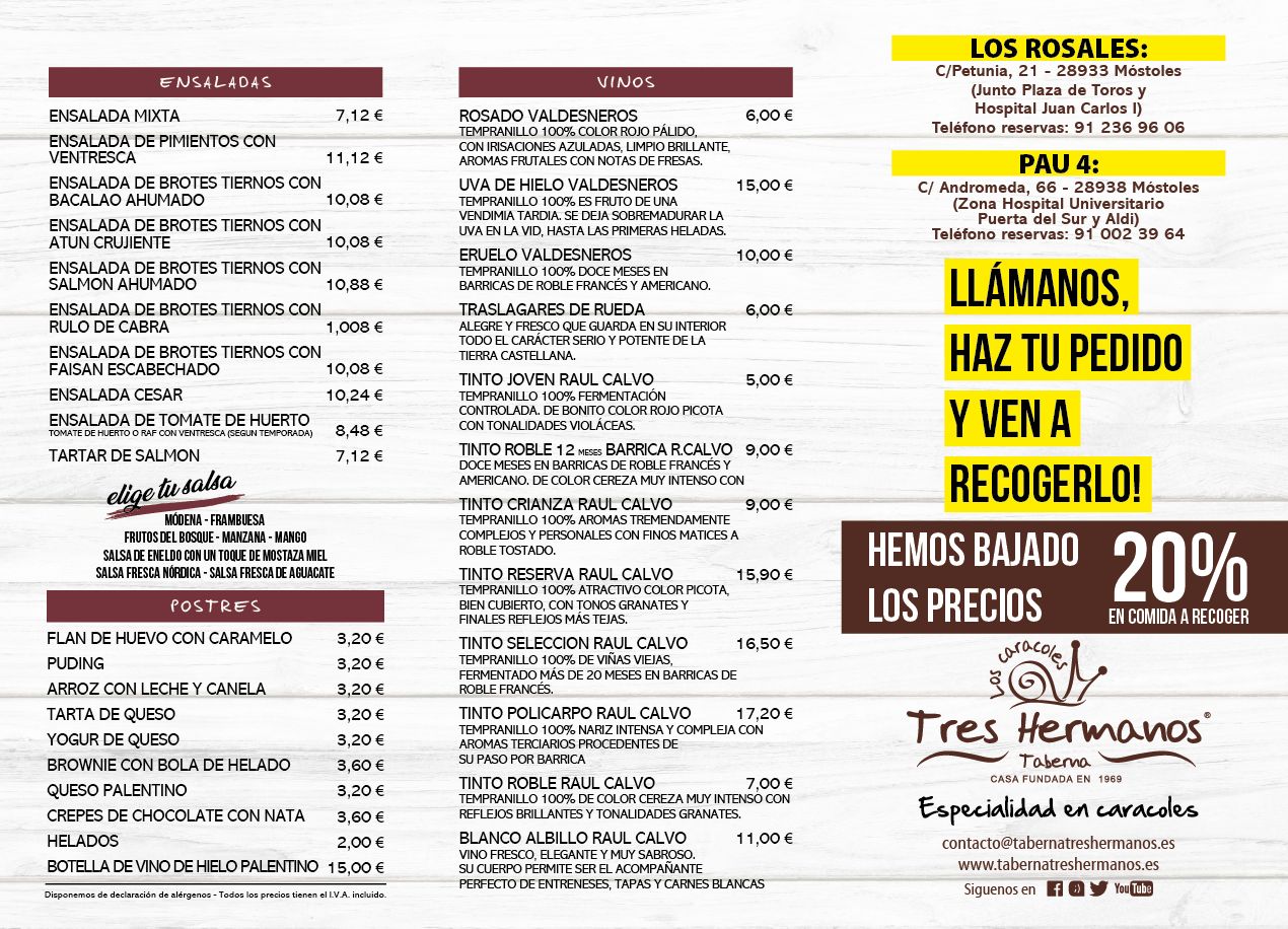 Pedidos con 20% descuento para recoger en local: Carta de Taberna Tres Hermanos Pedidos con 20% descuento para recoger en local: Carta de Taberna Tres Hermanos