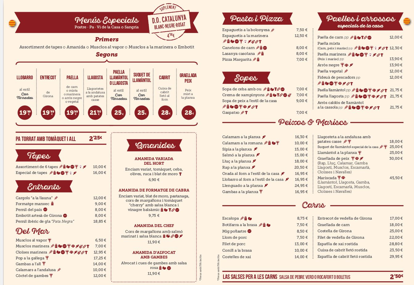Carta menús especiales en catalán: Carta y Menús de Cantarradas Carta menús especiales en catalán: Carta y Menús de Cantarradas