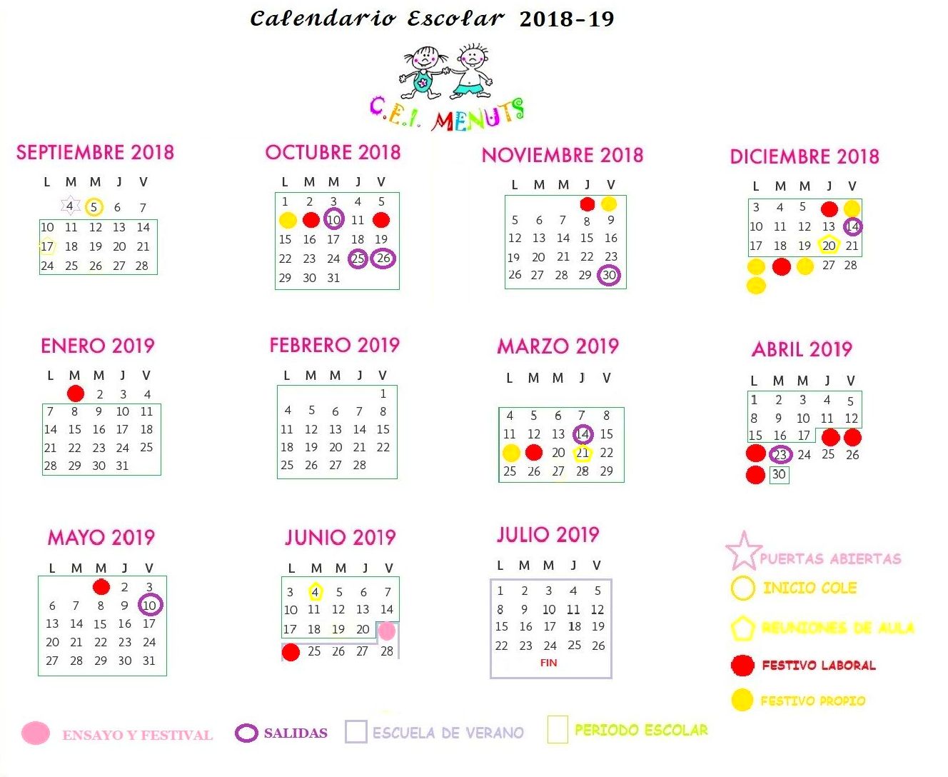 Calendario escolar: Servicios de Centro de Educación Infantil Menuts Calendario escolar: Servicios de Centro de Educación Infantil Menuts