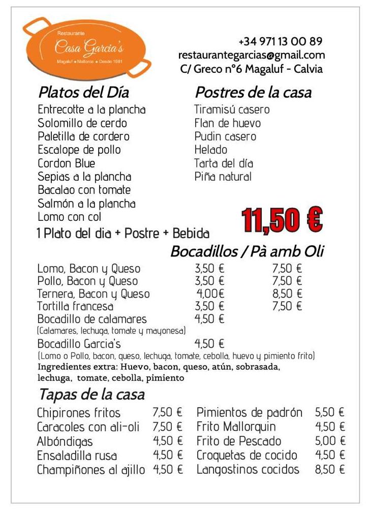 Servicio a domicilio y para recoger en local: Nuestra carta de Restaurante Casa García's Servicio a domicilio y para recoger en local: Nuestra carta de Restaurante Casa García's